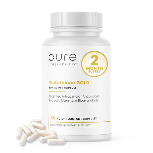 Pure Therapro Rx S-Acetyl Glutathione Gold bottle with 60 capsules for antioxidant support.