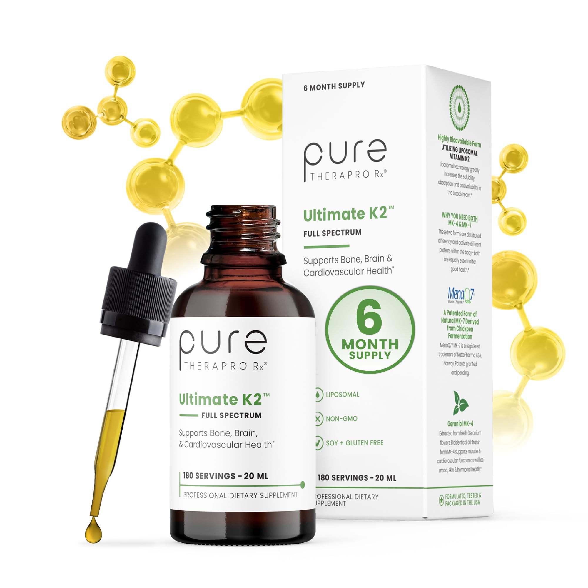Pure Therapro Rx Ultimate K2 bottle pour highlights convenient vegan liposomal drops for daily support.