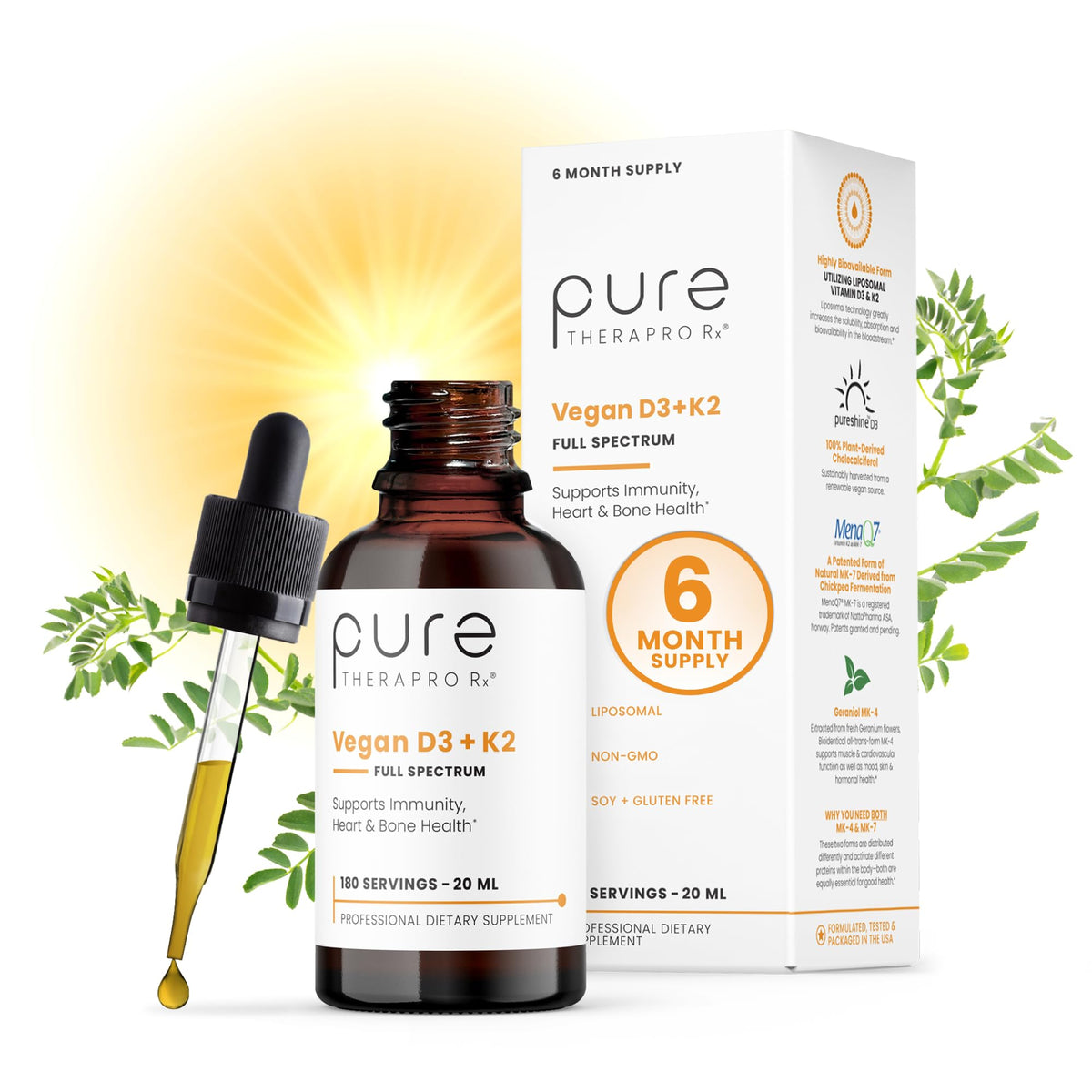 Pure Therapro Rx vegan D3 + K2 liposomal bottle pour for easy dosing.