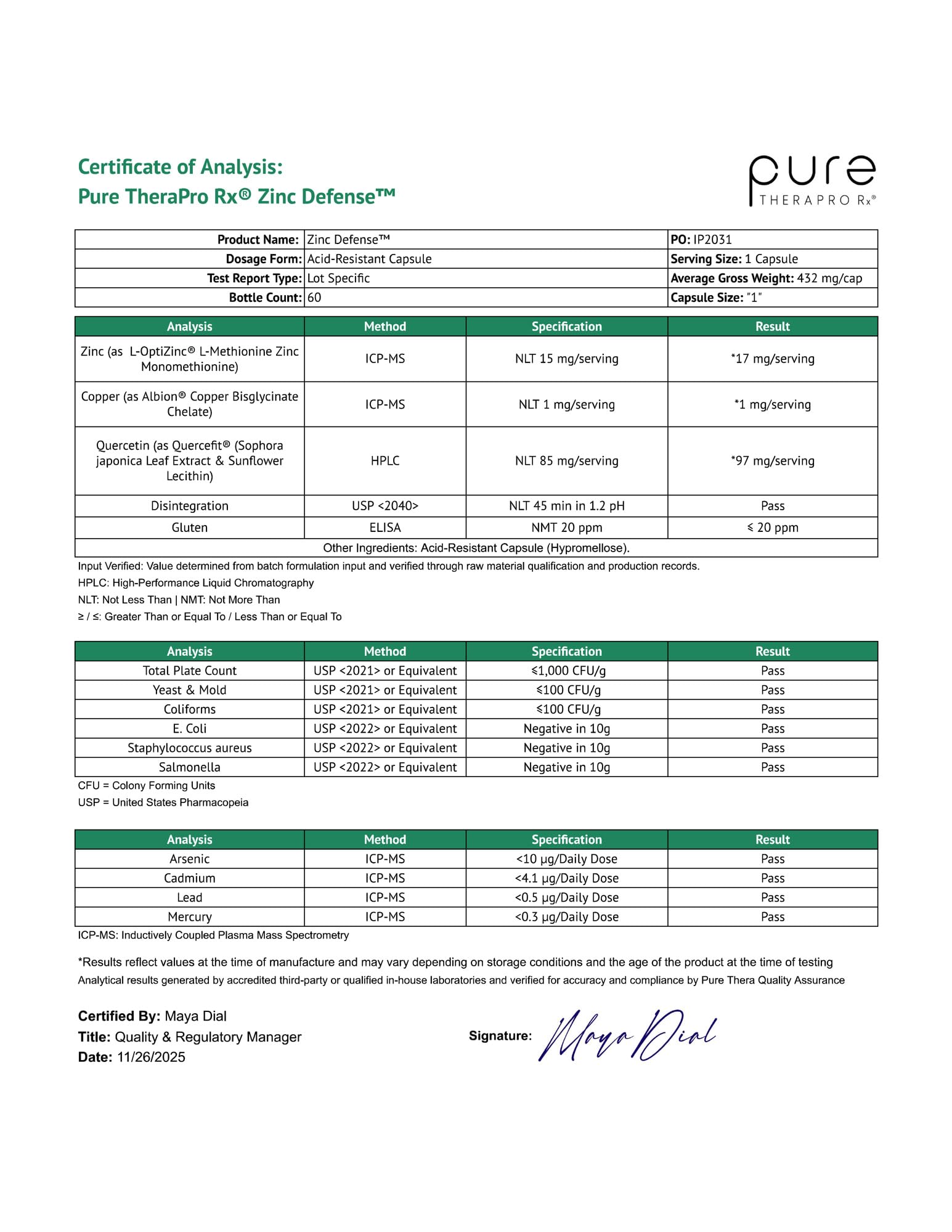 Pure Therapro Rx Zinc Defense GMP facility seal indicating quality manufacturing