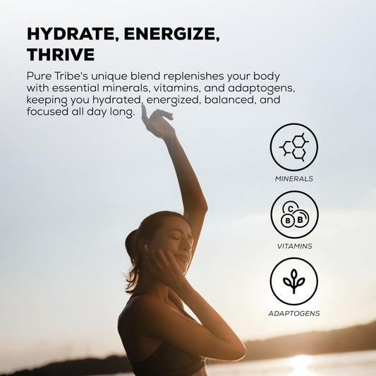 PURE TRIBE electrolytes packets poured into a glass for quick hydration