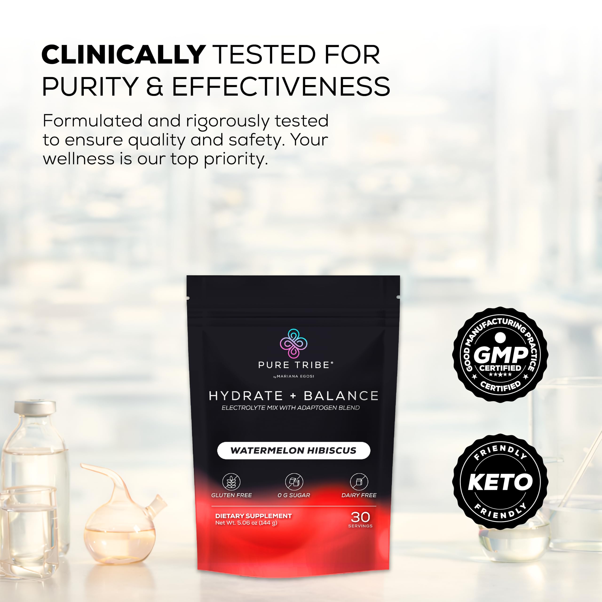 Pure Tribe ingredients close-up showing B vitamins and adaptogens.