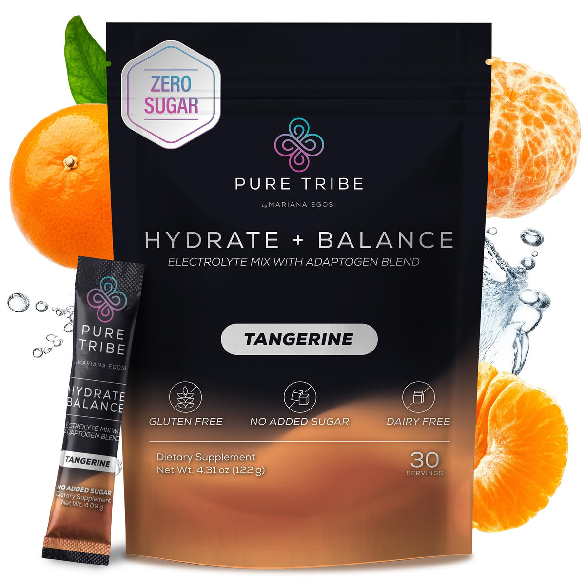 Pure Tribe Tangerine hydration packet closeup showing balanced electrolytes for daily energy