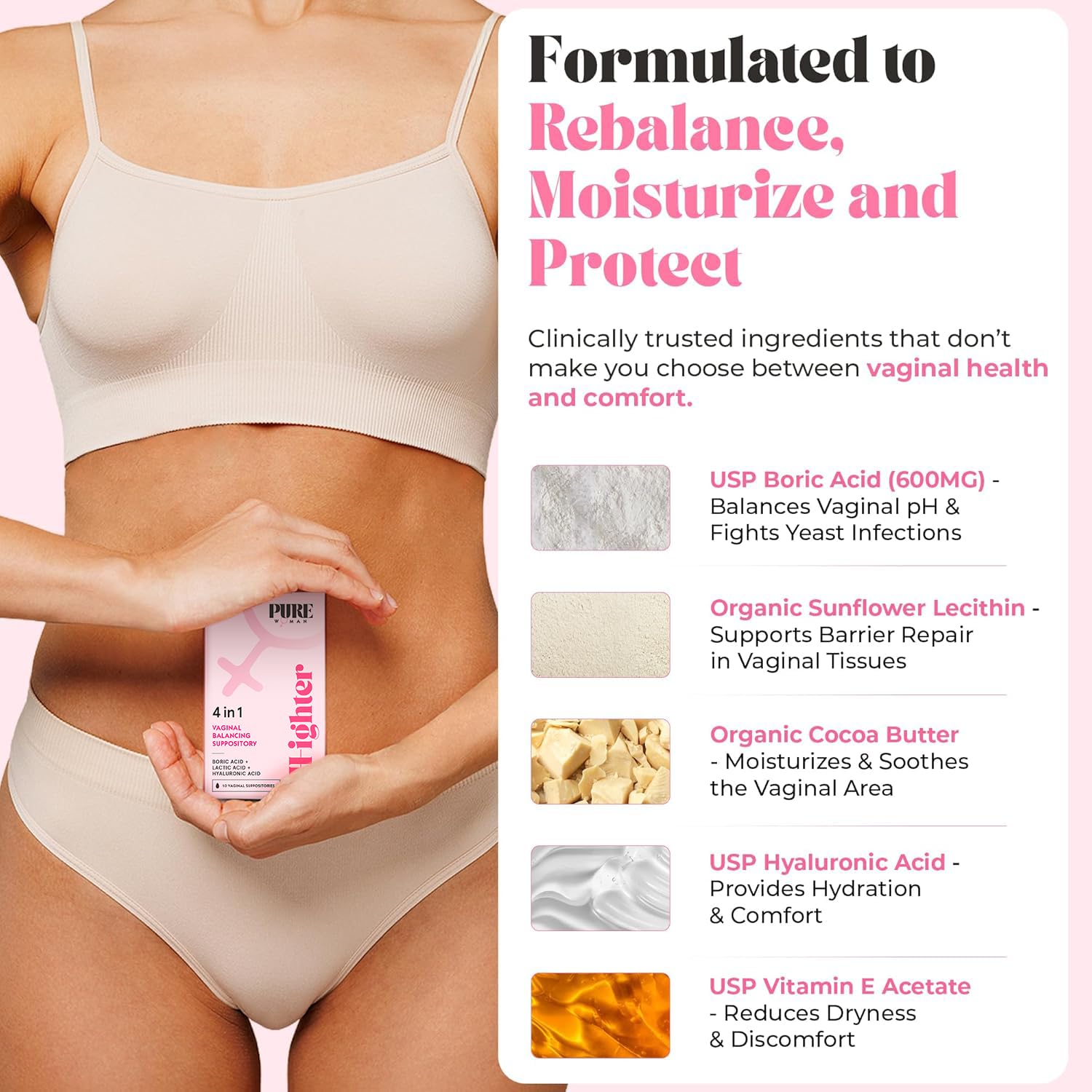 PURE WOMAN vaginal suppository closeup for smooth insertion and comfort