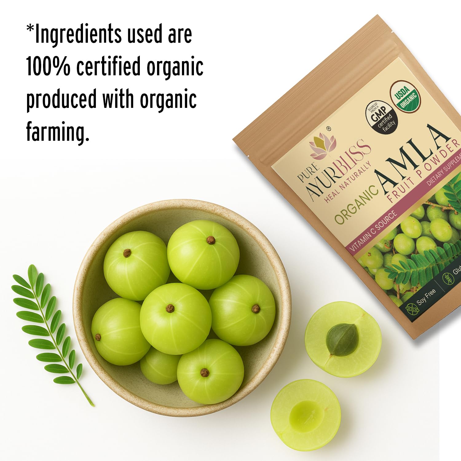 PureAyurbliss amla powder in a glass bowl ready for mixing smoothies