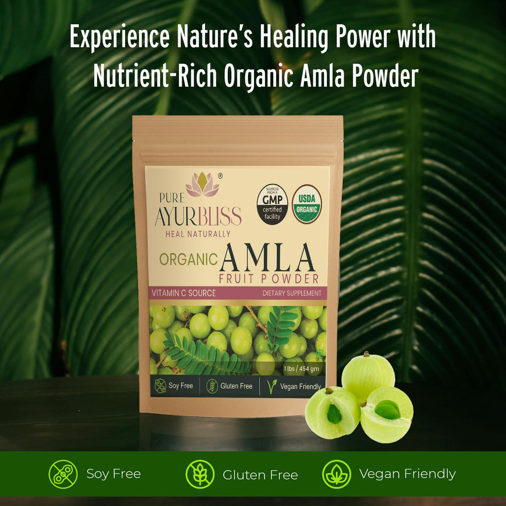 PureAyurbliss amla powder pour showing convenient dosing