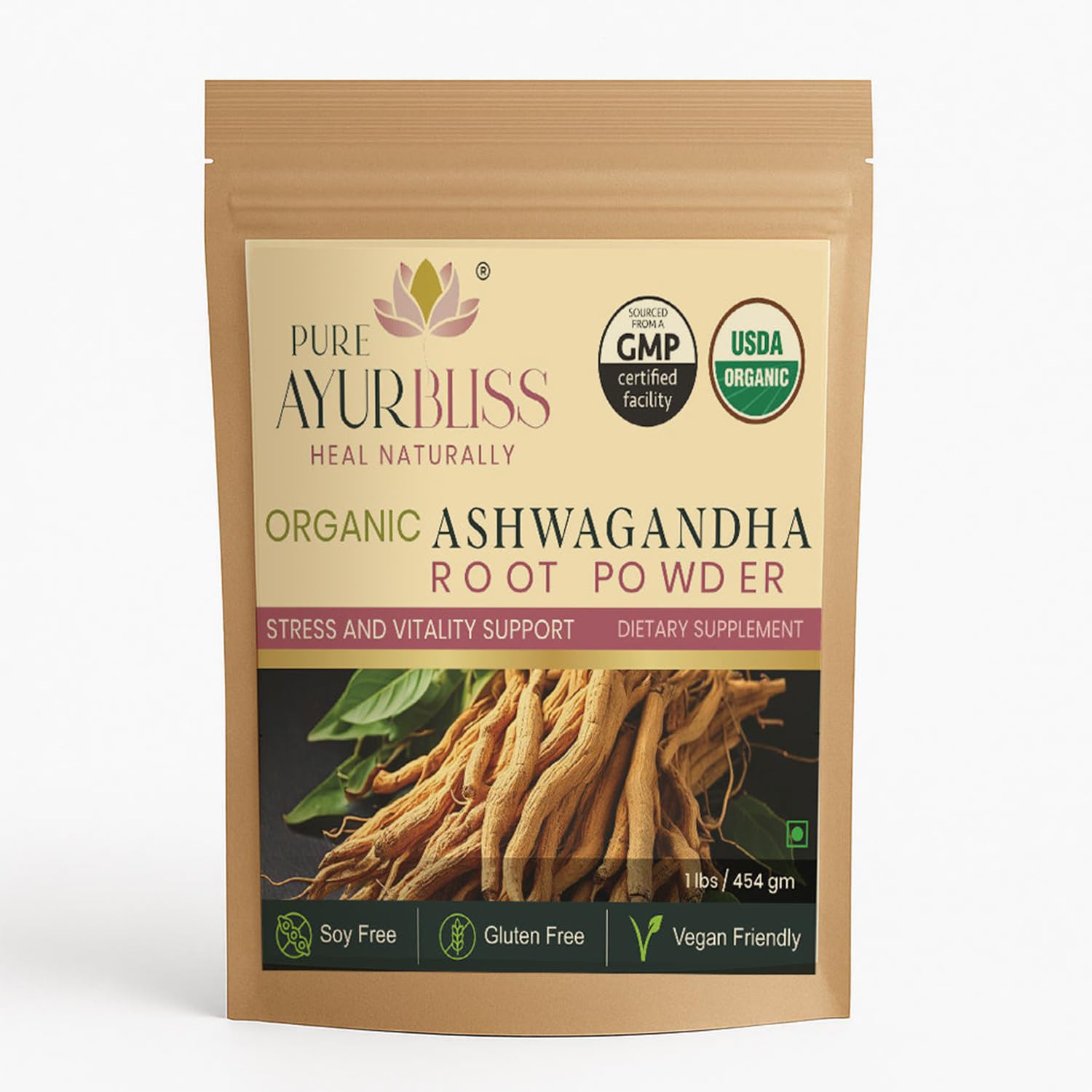 PureAyurbliss Ashwagandha powder bottle shows earthy aroma for daily stress support