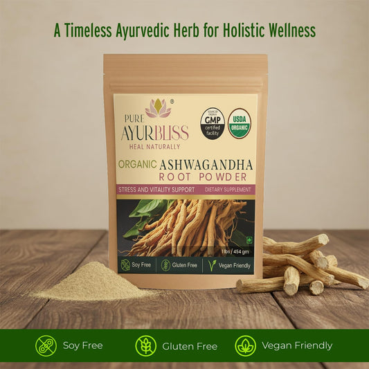 PureAyurbliss Ashwagandha powder jar label highlights organic quality and daily balance