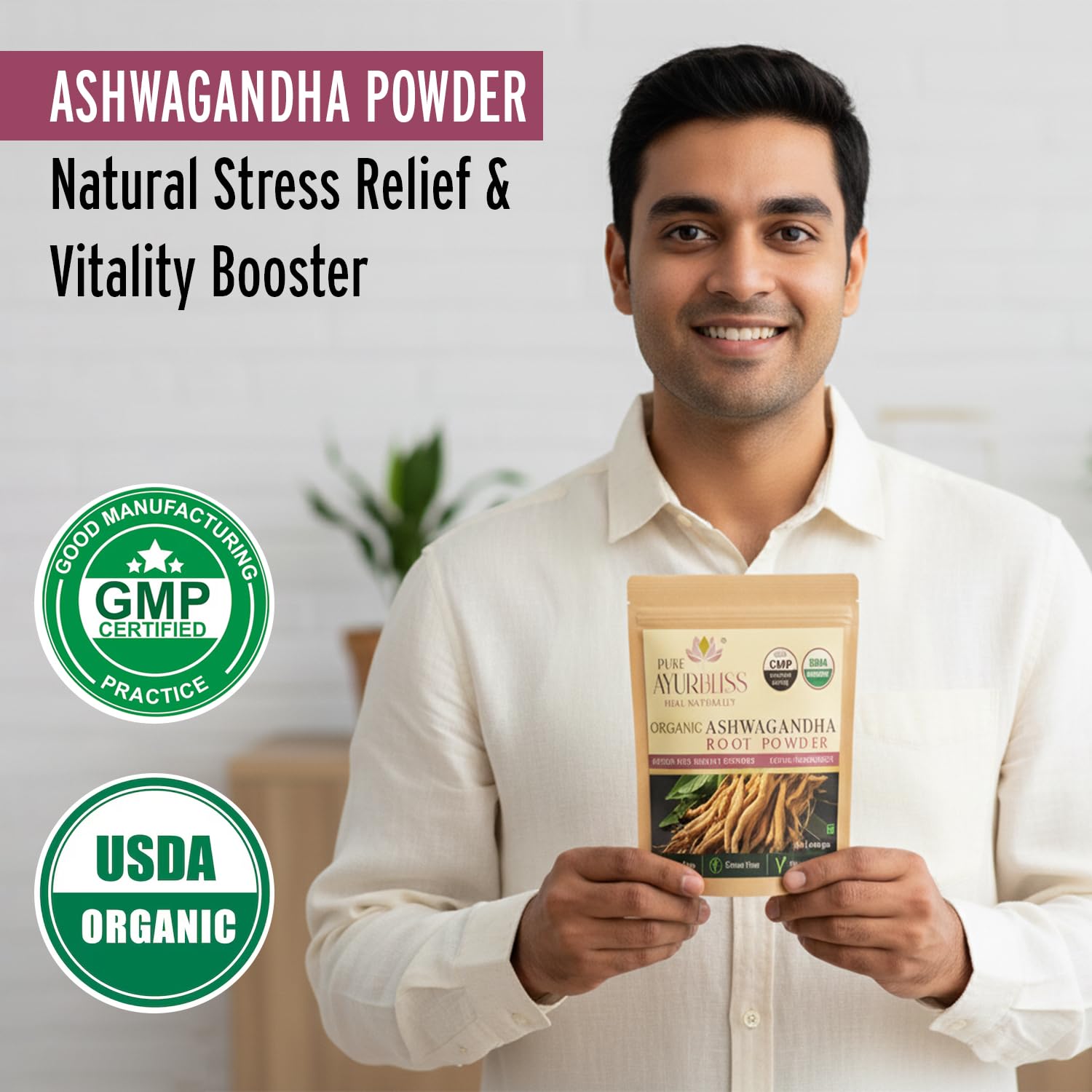 PureAyurbliss Ashwagandha powder scoop for easy daily use in drinks