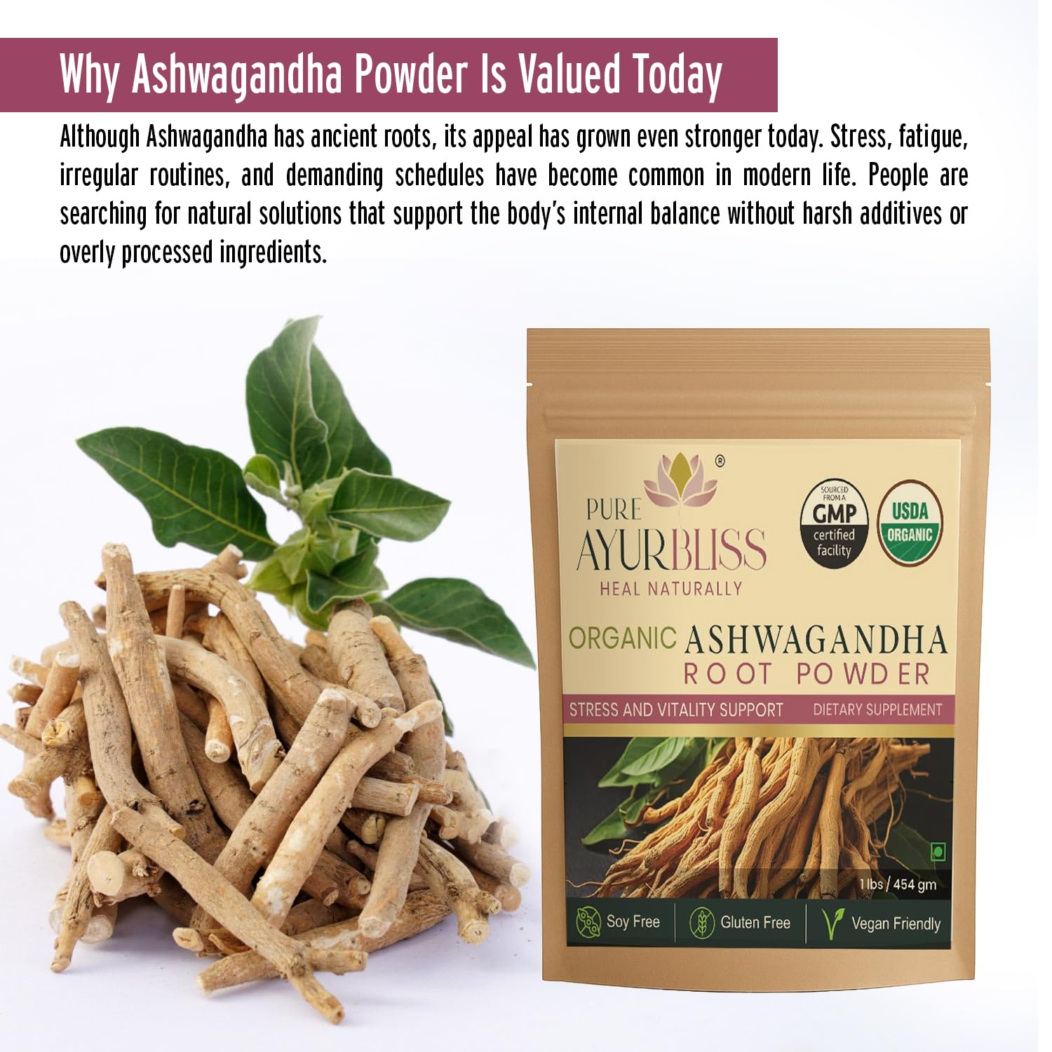 PureAyurbliss Ashwagandha powder tea-mix scene suggests a calming daily ritual
