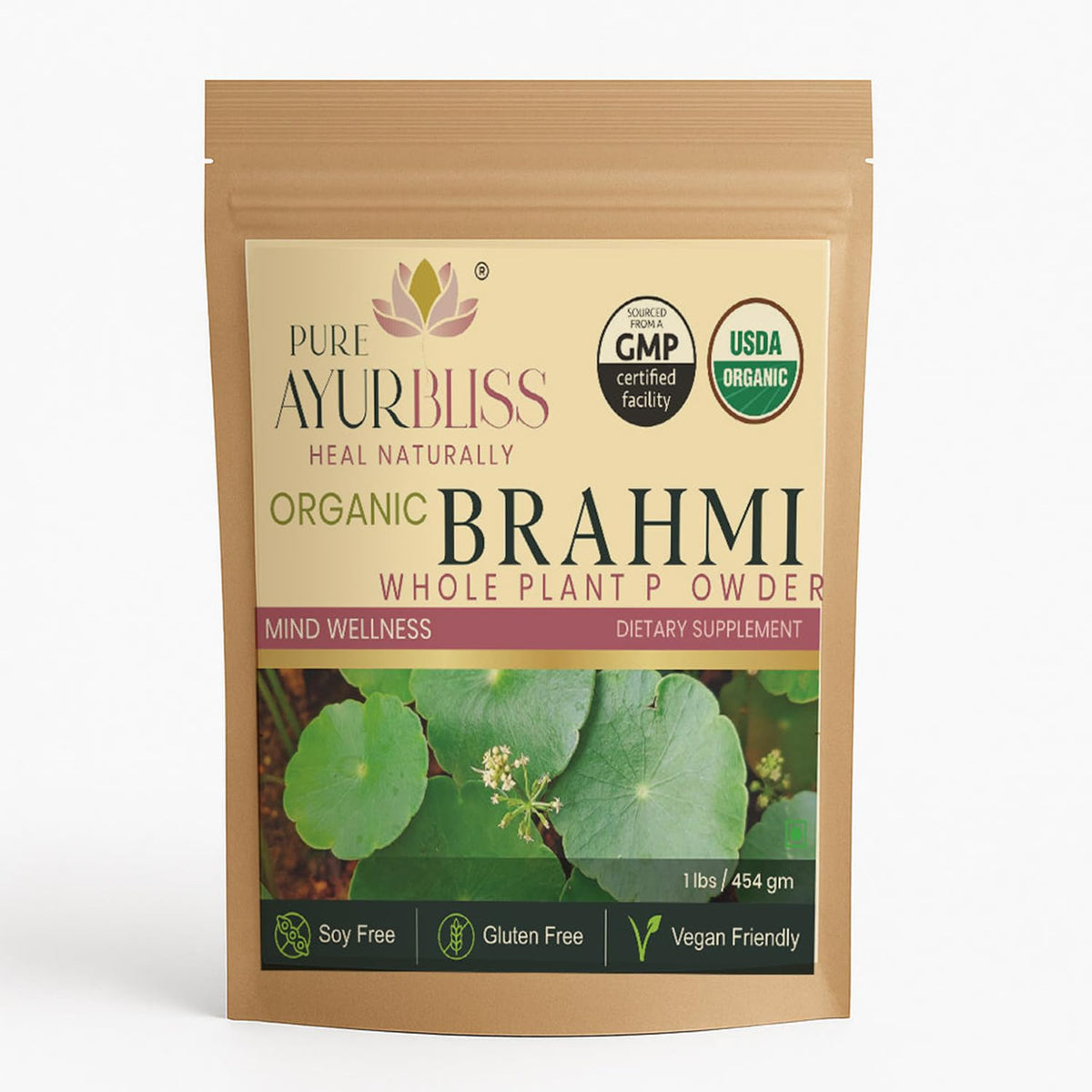 PureAyurbliss Brahmi powder tin jar for memory and focus support.