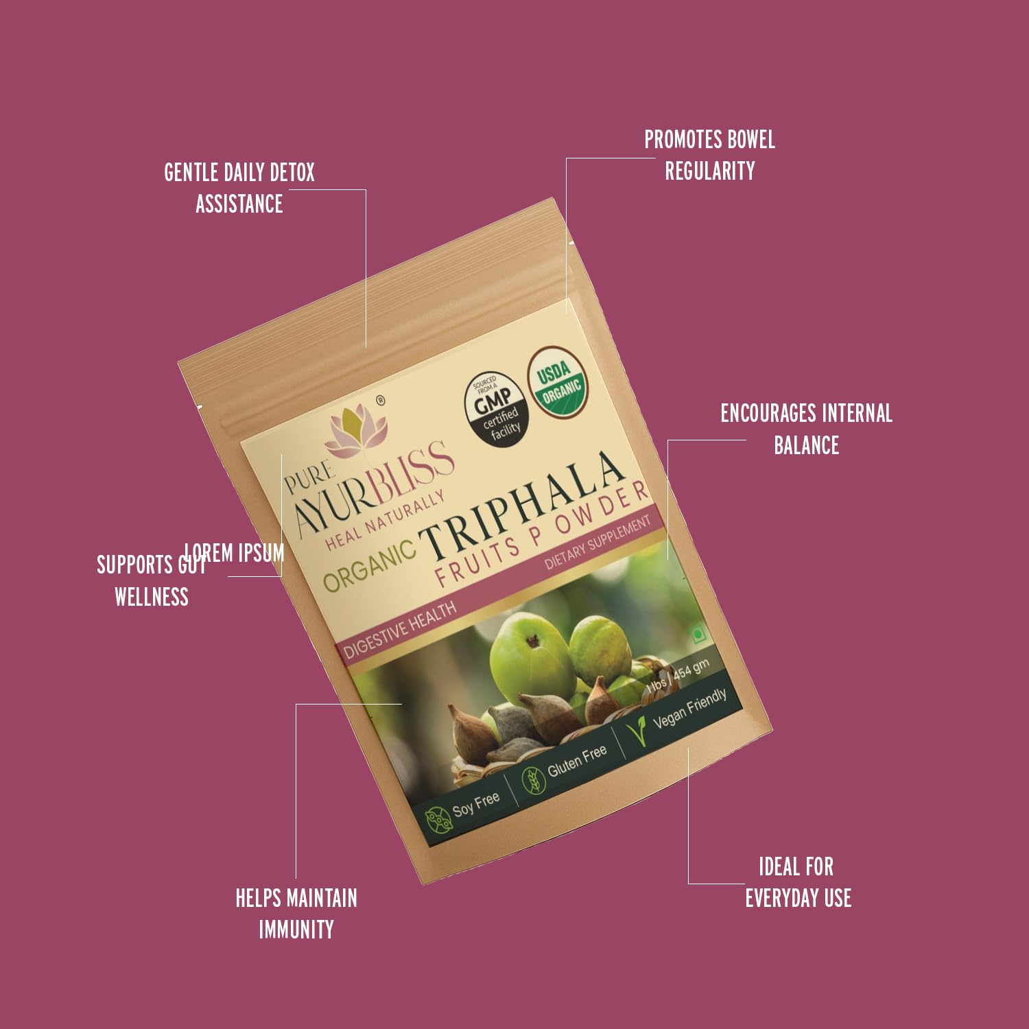 PureAyurbliss Triphala bottle label emphasizes Ayurvedic blend and vitamin C.