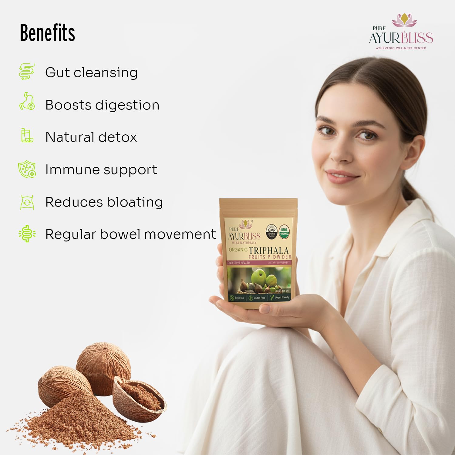 PureAyurbliss Triphala bottle pour demonstrates simple routine inclusion.