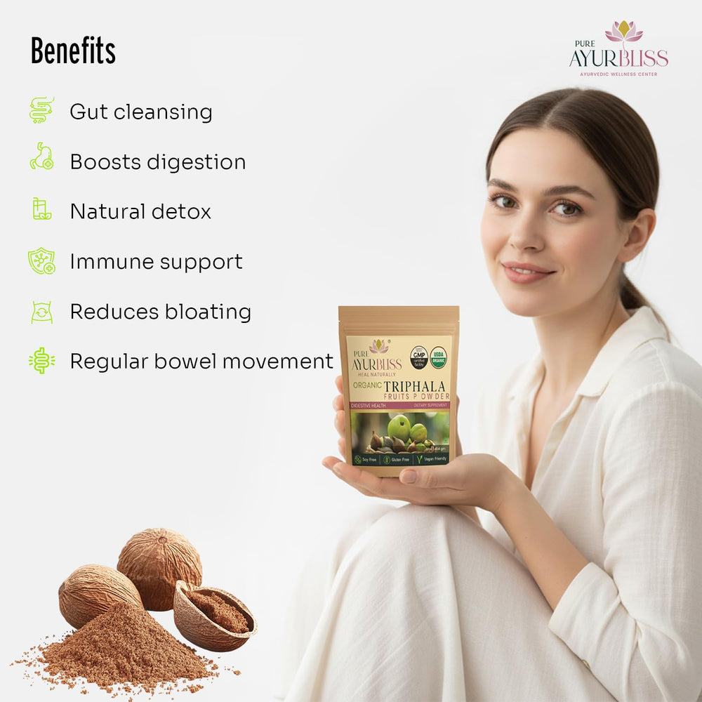 PureAyurbliss Triphala bottle pour demonstrates simple routine inclusion.