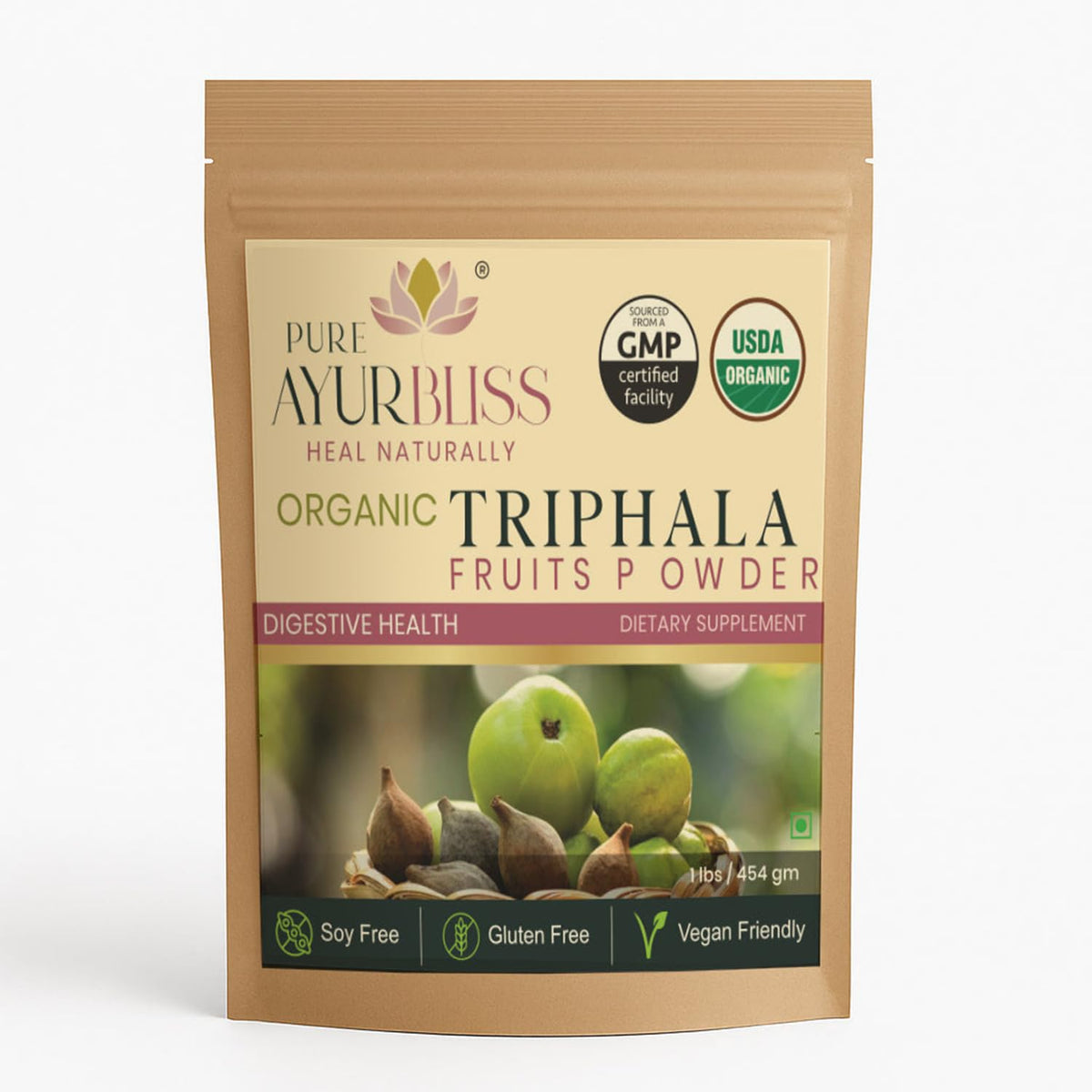 PureAyurbliss Triphala powder bottle shows gentle digestive support.