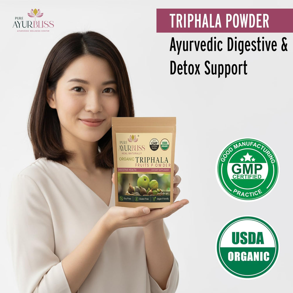 PureAyurbliss Triphala scoop beside bottle illustrates daily detox and gut balance.