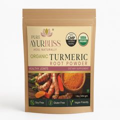 PureAyurbliss turmeric powder bottle for everyday balance and easy cooking.
