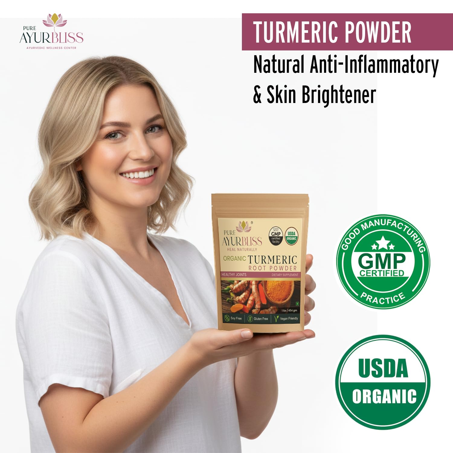 PureAyurbliss turmeric powder dispensing image highlights simple daily use.