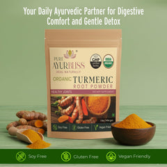 PureAyurbliss turmeric powder scoop shows convenient measuring for golden milk.