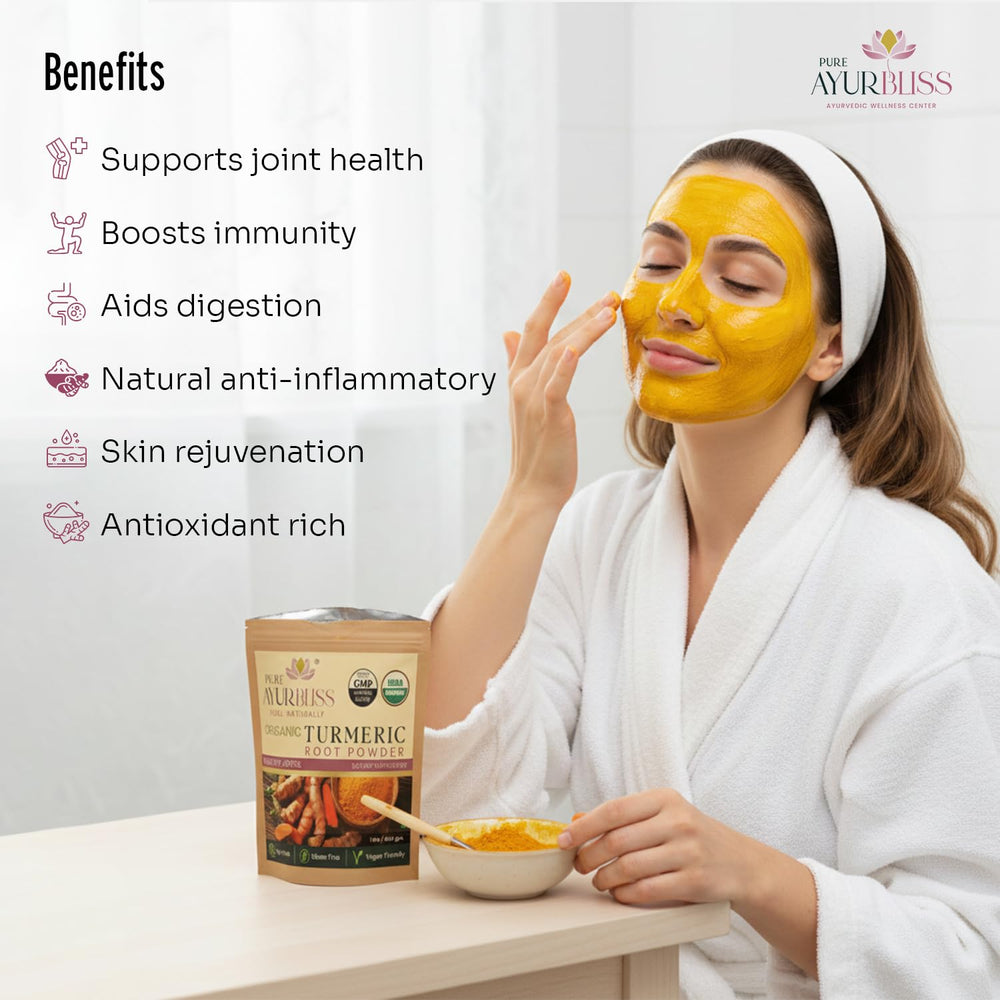 PureAyurbliss turmeric powder spice closeup showcases vibrant aroma.