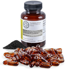 PureC60OliveOil C60 Black Seed Oil capsules bottle close-up for daily supplementation.