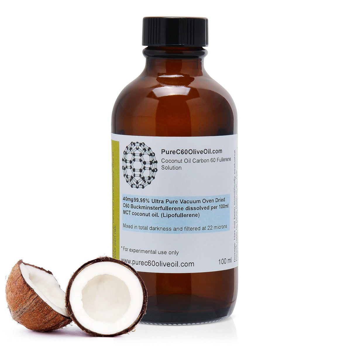 PureC60OliveOil C60 organic MCT coconut oil bottle in amber glass protecting freshness for cooking.