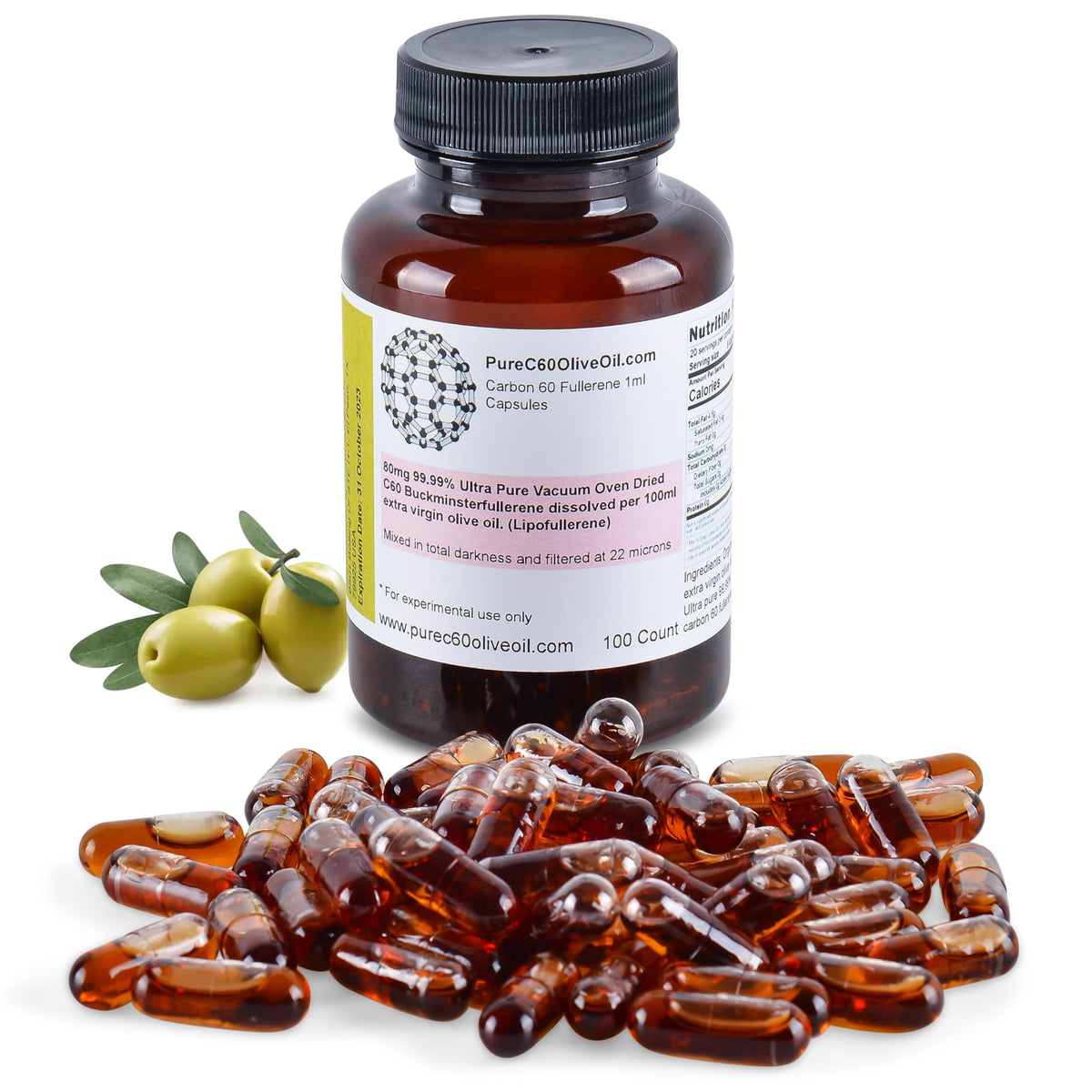 PureC60OliveOil capsules 80mg for convenient daily use.
