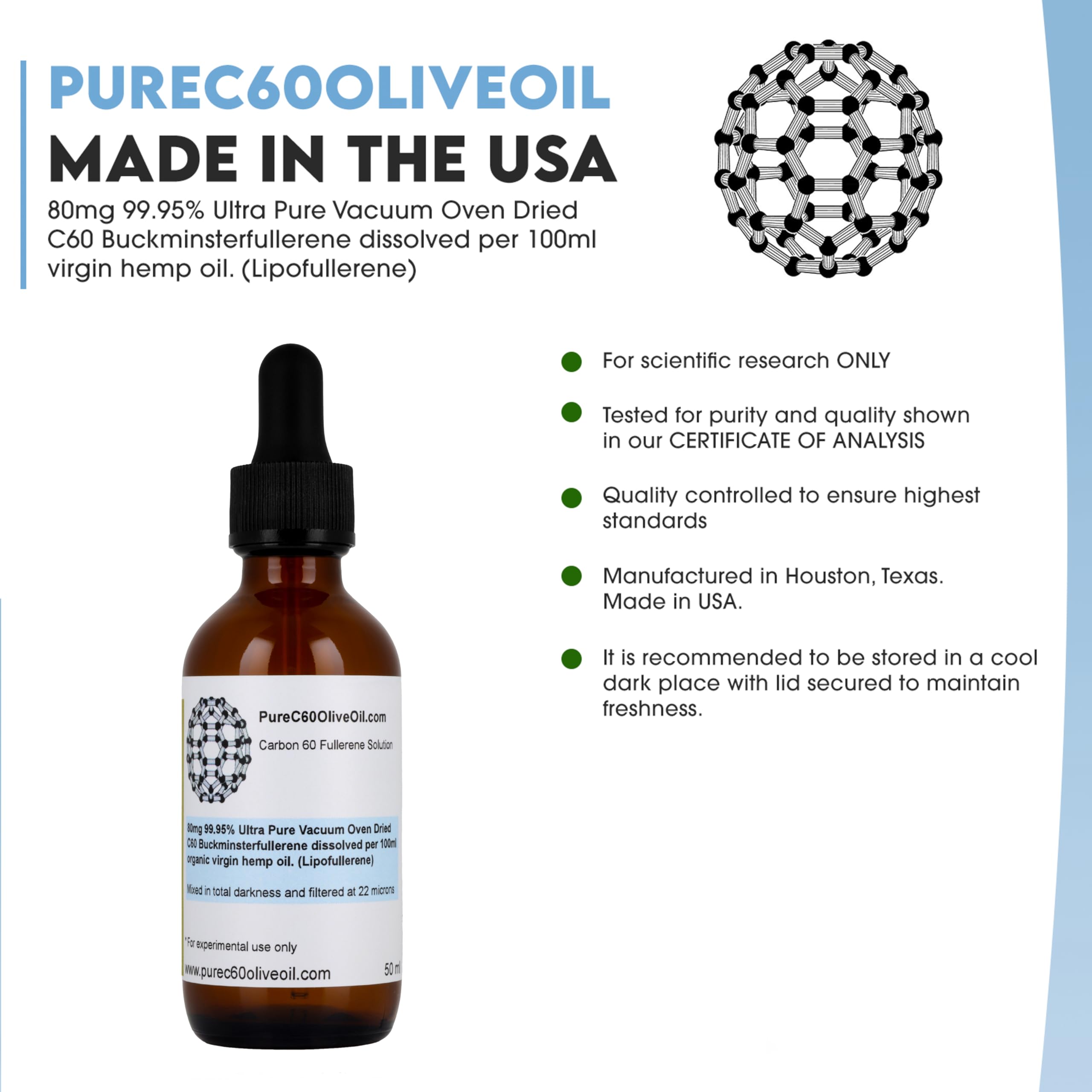 PureC60OliveOil lab-ready sample for purity testing.