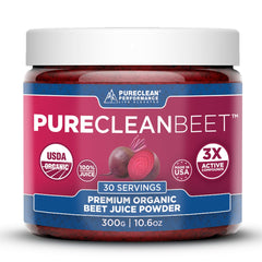 PureClean Beet Premium Juice Powder bottle, indicating organic beet source for nitric oxide support