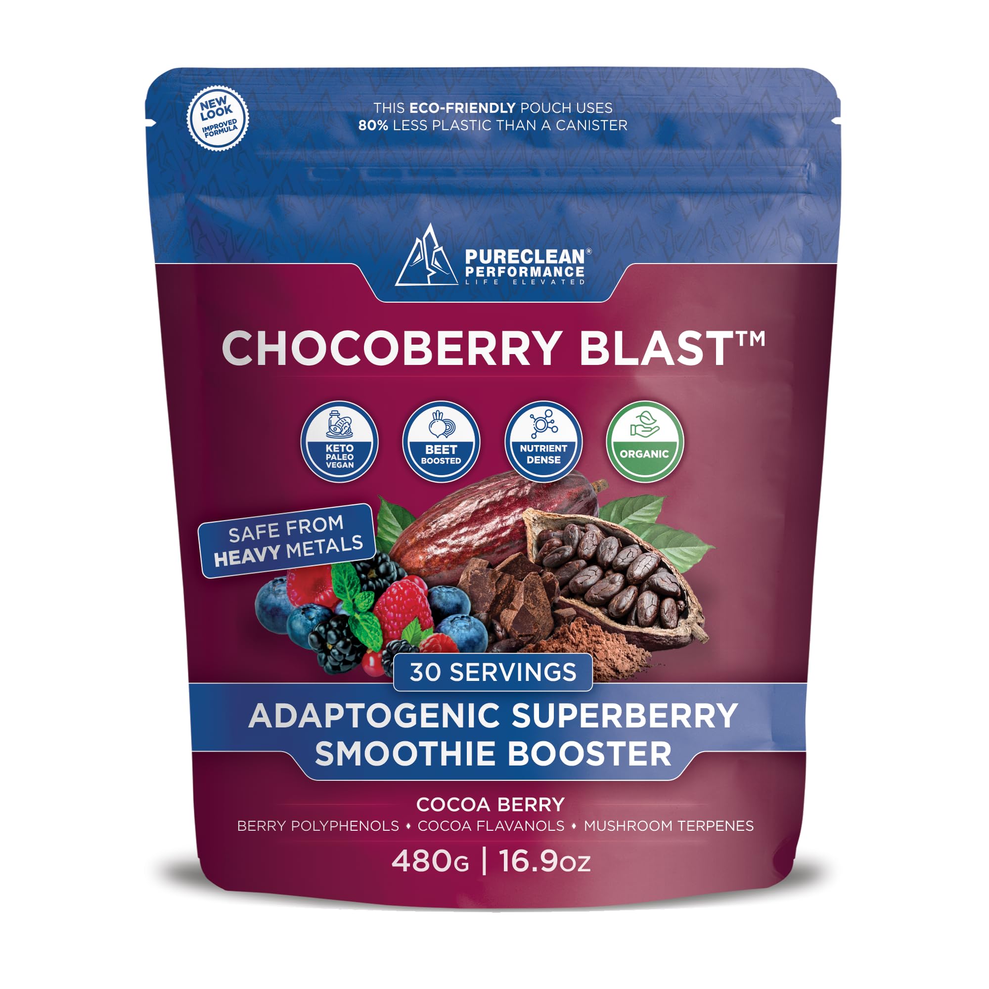 PureClean ChocoBerry Blast packaging highlights vegan nutrition for steady energy.
