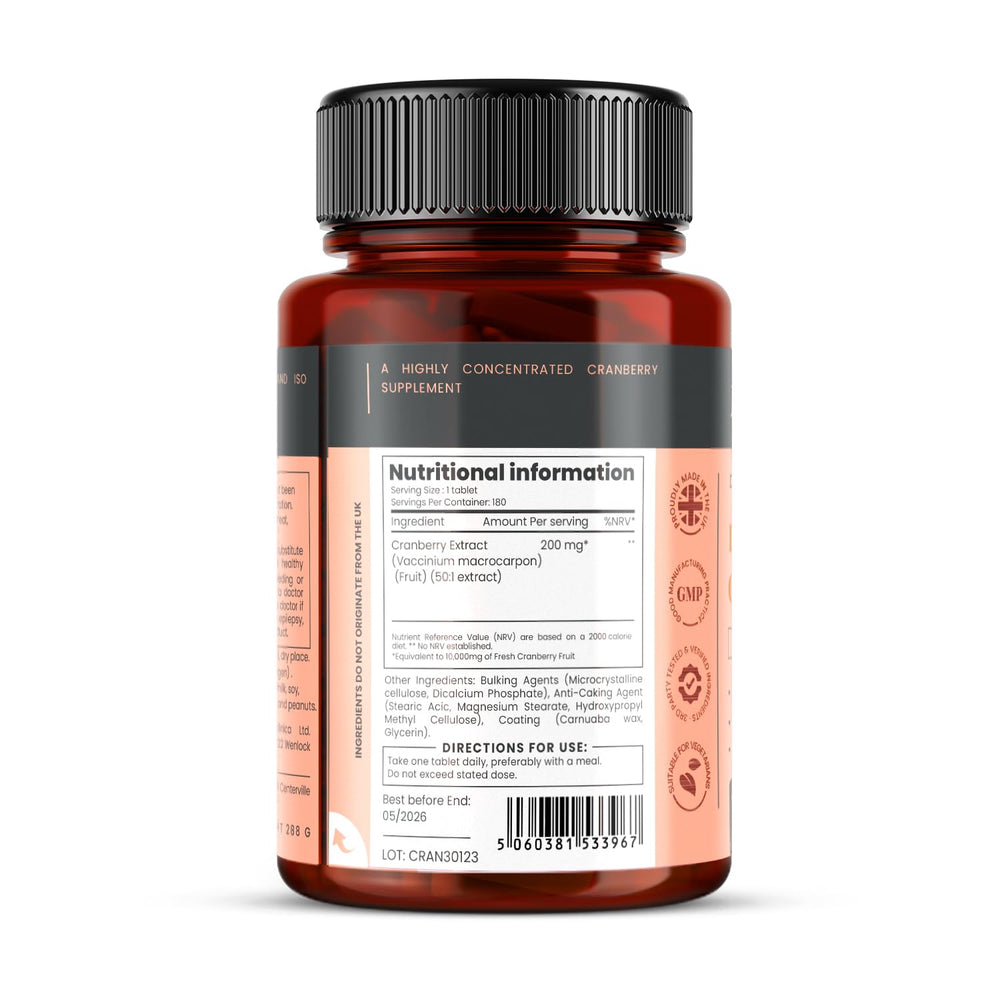 Pureclinica cranberry extract tablet close-up showing ultra-concentrated 10,000 mg formula