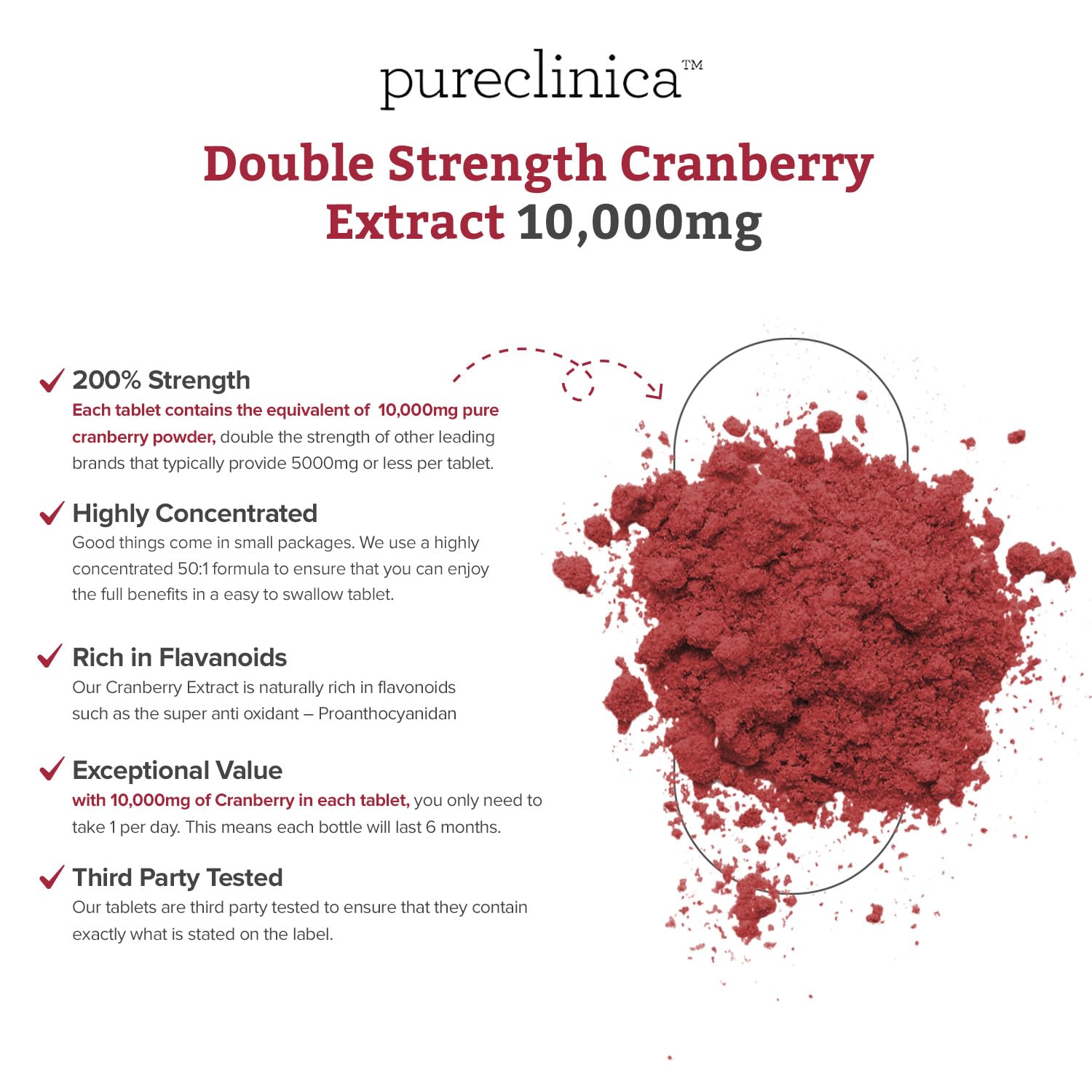 Pureclinica daily-use cranberry tablets with water for a convenient routine