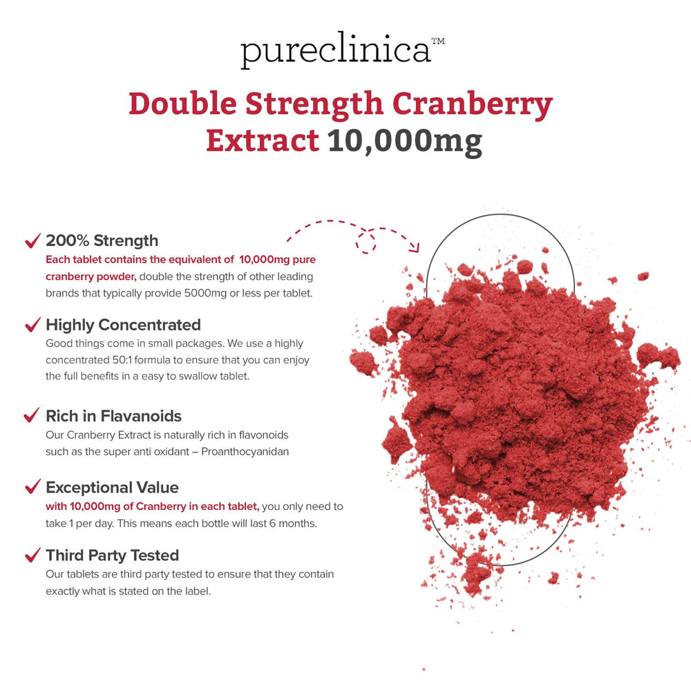 Pureclinica daily-use cranberry tablets with water for a convenient routine