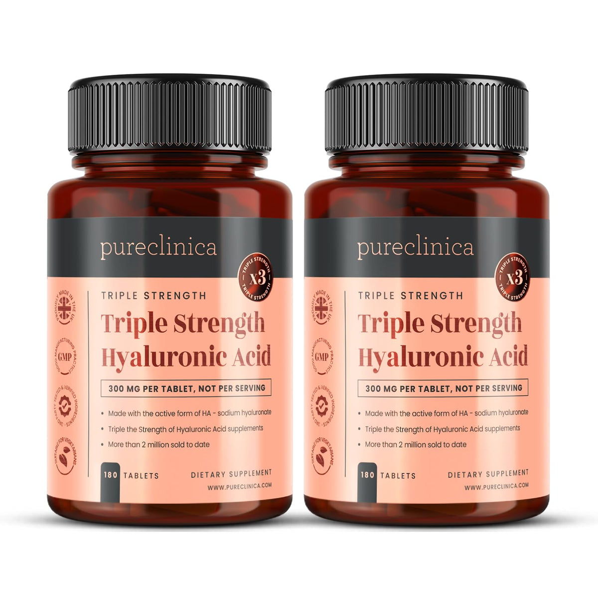 Pureclinica hyaluronic acid bottle showing potent daily hydration support.