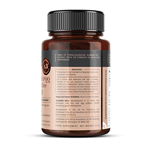PureClinica PQQ label detail highlighting premium quality and dosage