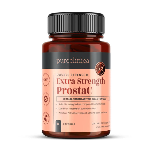 Pureclinica ProstaC bottle front displaying capsules for prostate support.