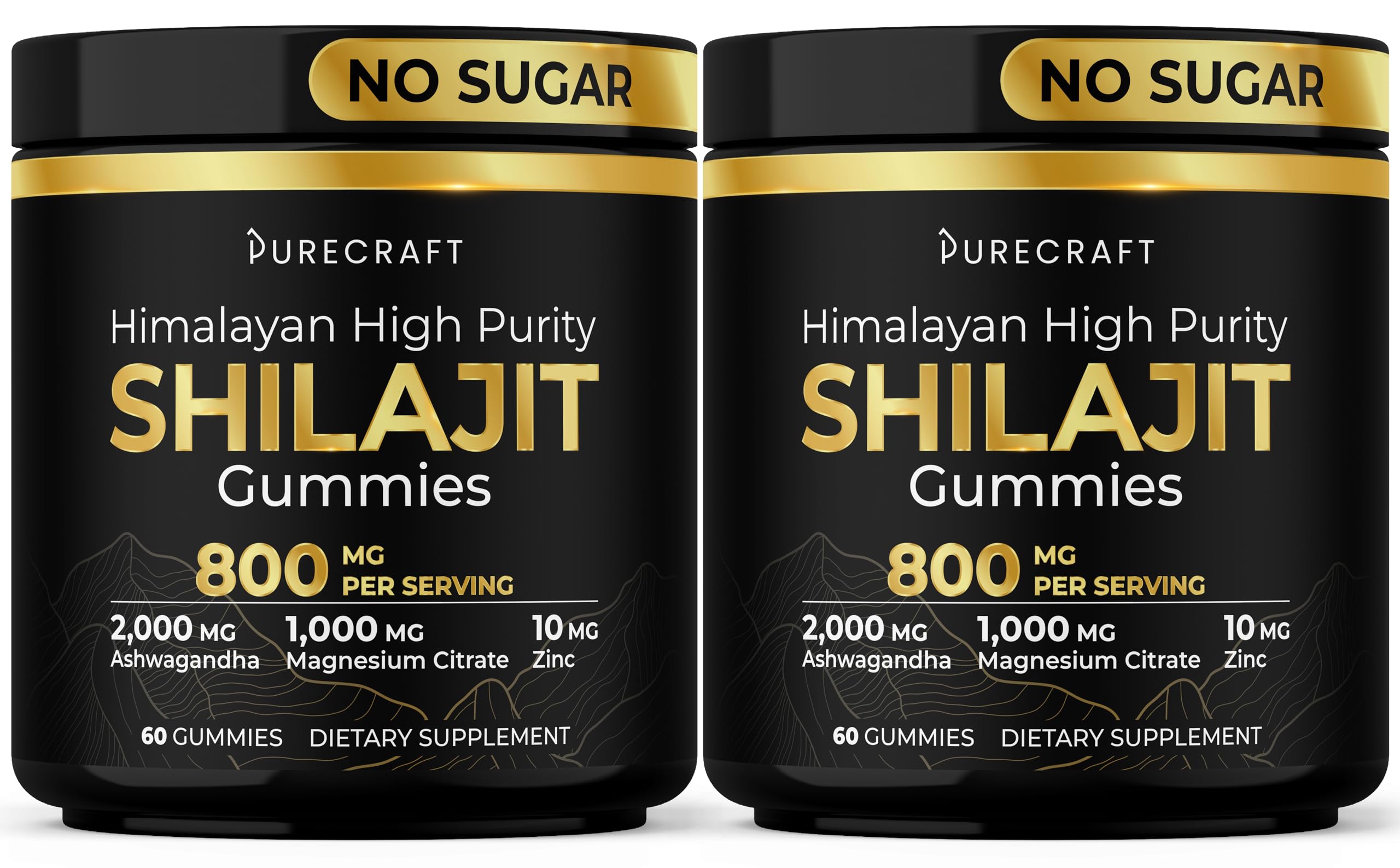 PURECRAFT Himalayan Shilajit Gummies pack shot highlights sugar-free, mineral-rich daily supplement.