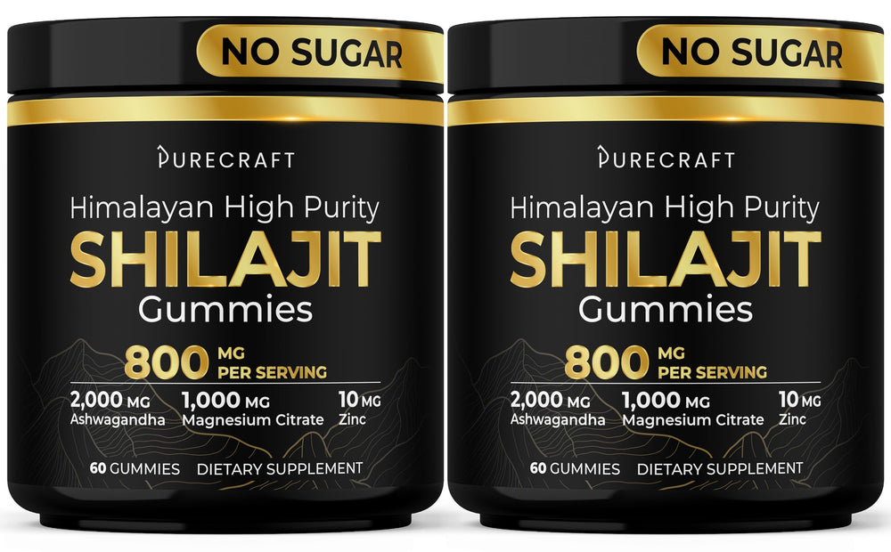 PURECRAFT Himalayan Shilajit Gummies pack shot highlights sugar-free, mineral-rich daily supplement.