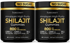 PURECRAFT Himalayan Shilajit Gummies pack shot highlights sugar-free, mineral-rich daily supplement.