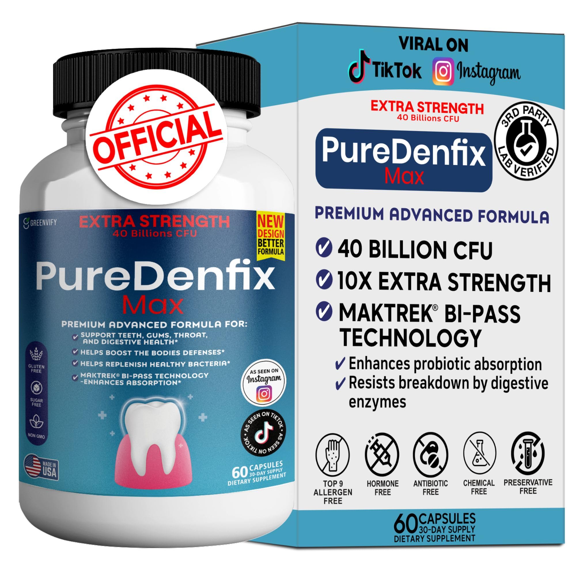 PureDenfix Max bottle of probiotic capsules for daily oral and digestive support.