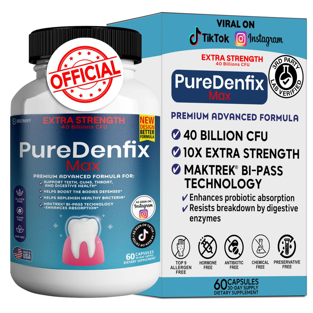 PureDenfix Max bottle of probiotic capsules for daily oral and digestive support.