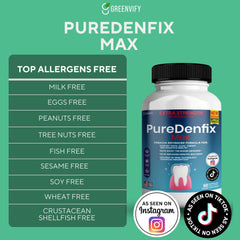 PureDenfix Max bottle close-up shows CFU count and key strains.