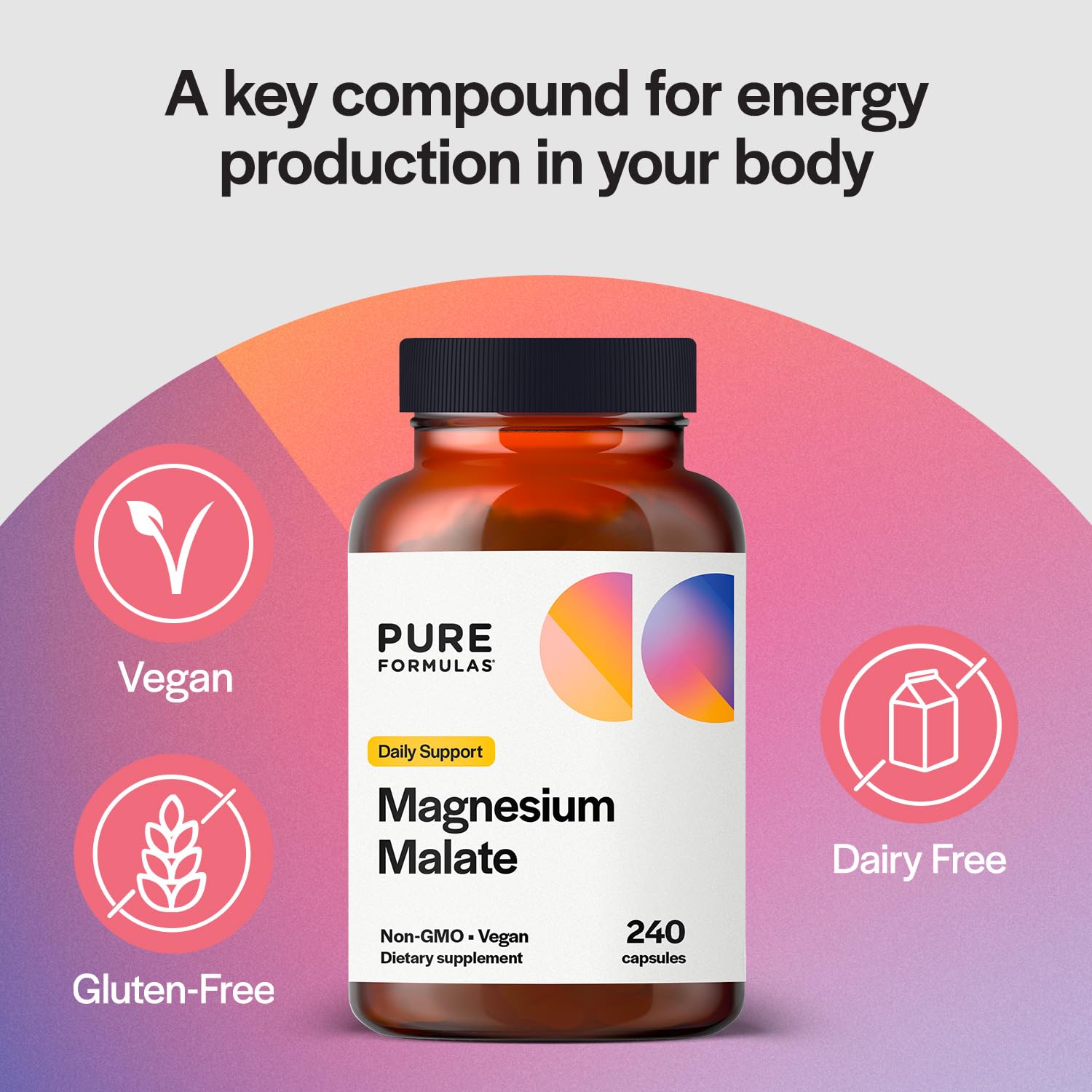 PureFormulas magnesium malate capsules label close up highlighting chelated magnesium