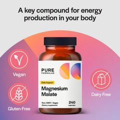 PureFormulas magnesium malate capsules label close up highlighting chelated magnesium