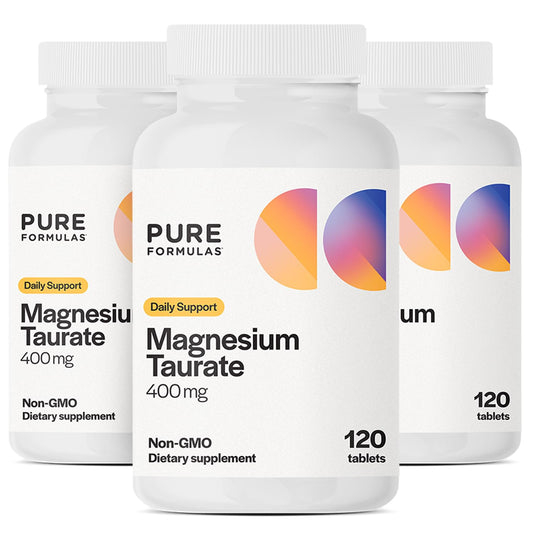 PureFormulas Magnesium Taurate 400mg bottle showcasing daily heart support and relaxation.
