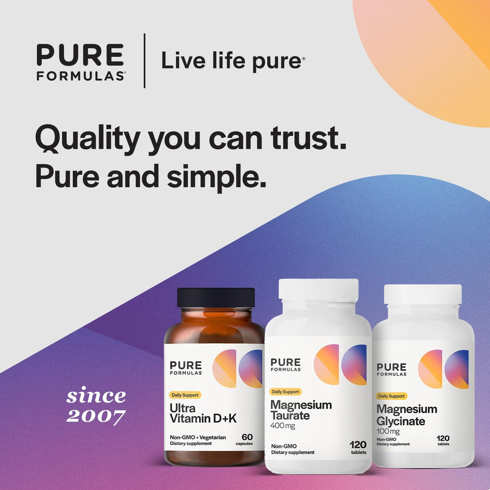 PureFormulas Magnesium Taurate 400 mg bottle beside a wellness setup for daily use.