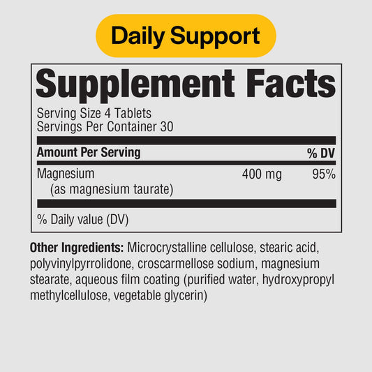 PureFormulas Magnesium Taurate 400 mg tablets close-up for daily cardio and relaxation.