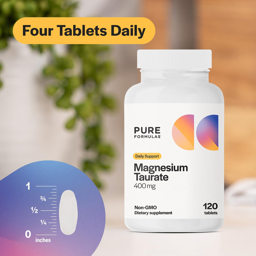 PureFormulas Magnesium Taurate capsules closeup emphasizing bioavailable taurate for daily use.
