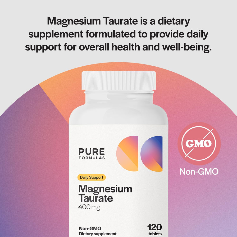 PureFormulas Magnesium Taurate label closeup showing 400 mg and Non-GMO quality.