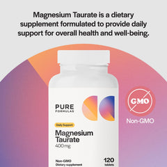 PureFormulas Magnesium Taurate label closeup showing 400 mg and Non-GMO quality.